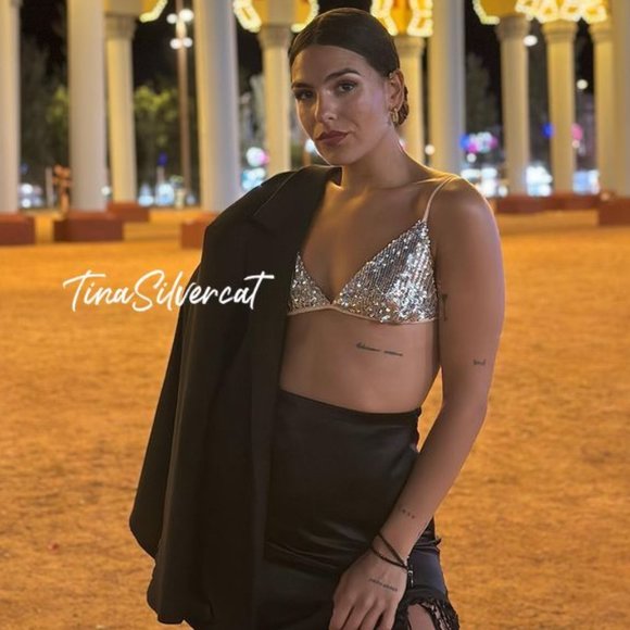 BLOGGER'S FAVE! Zara Sequin Appliqué Bikini Top Silver NWT - Picture 7 of 17